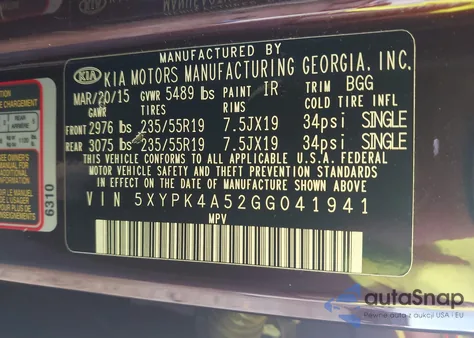 2016 Kia Sorento 3.3L Sx из США, поврежденный, VIN 5XYPK4A52GG041941